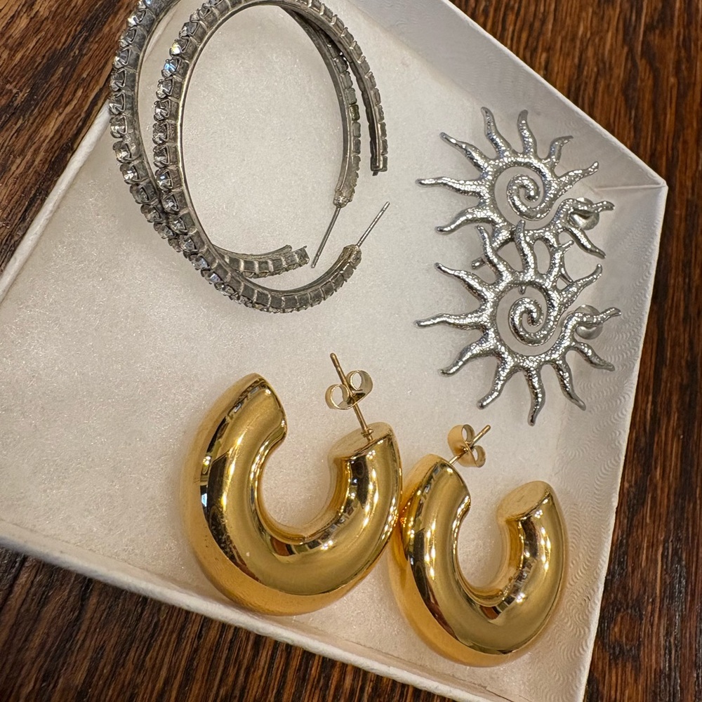 Gold and Silver Hoop and Sunburst Earrings Set